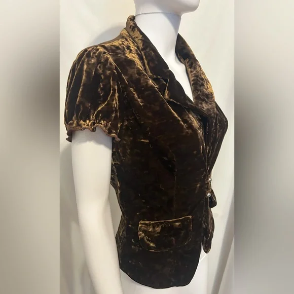Yank Sz M Brown Crushed Velvet Puff Sleeve Blazer Victorian Inspo Steampunk Boho - Picture 3 of 7